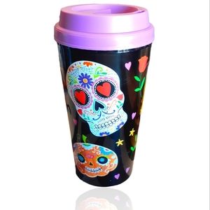 GROOVY GLAM Day of the Dead Sugar Skull Travel Tumbler with Purple Lid